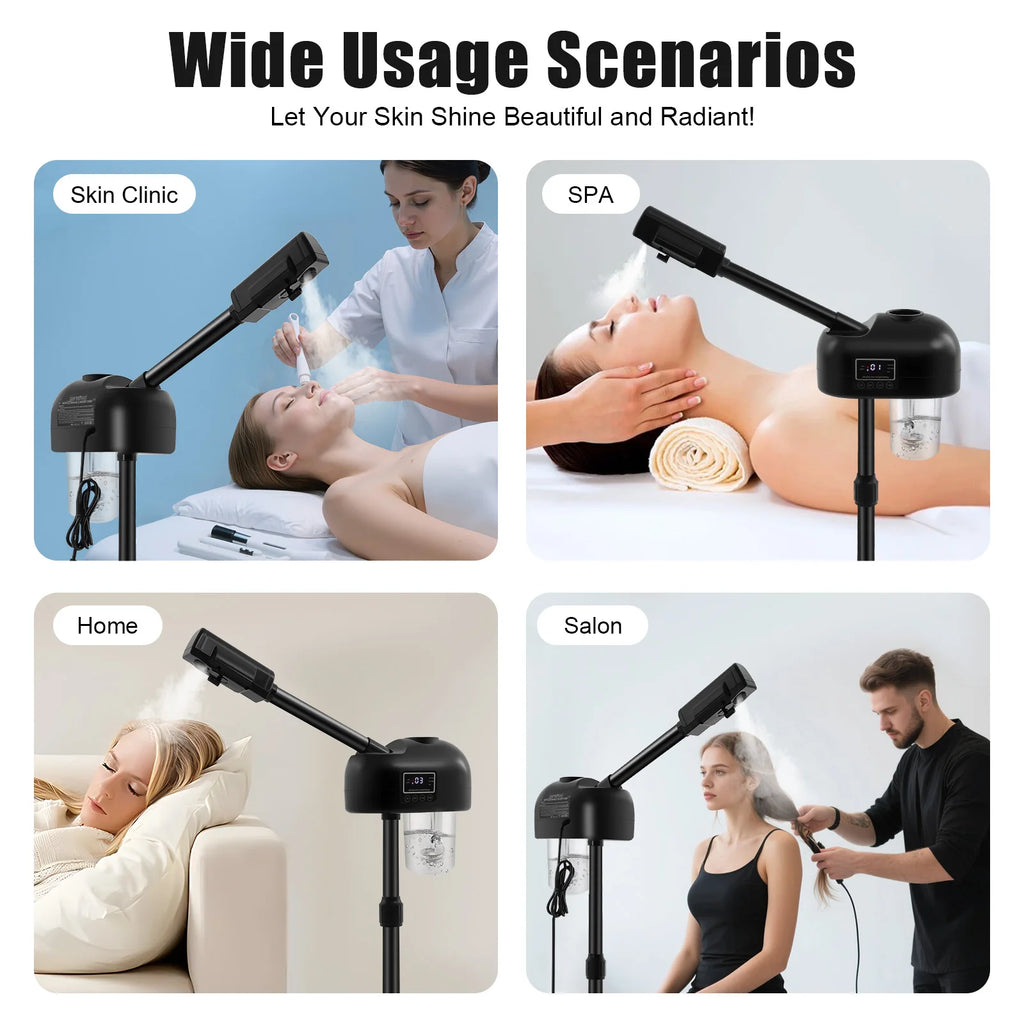 Black Professional Face Steamer Nano-Ion Ozone Hot Mist with LCD Screen Adjustable Height for Salon Home Spa Aging Reduction