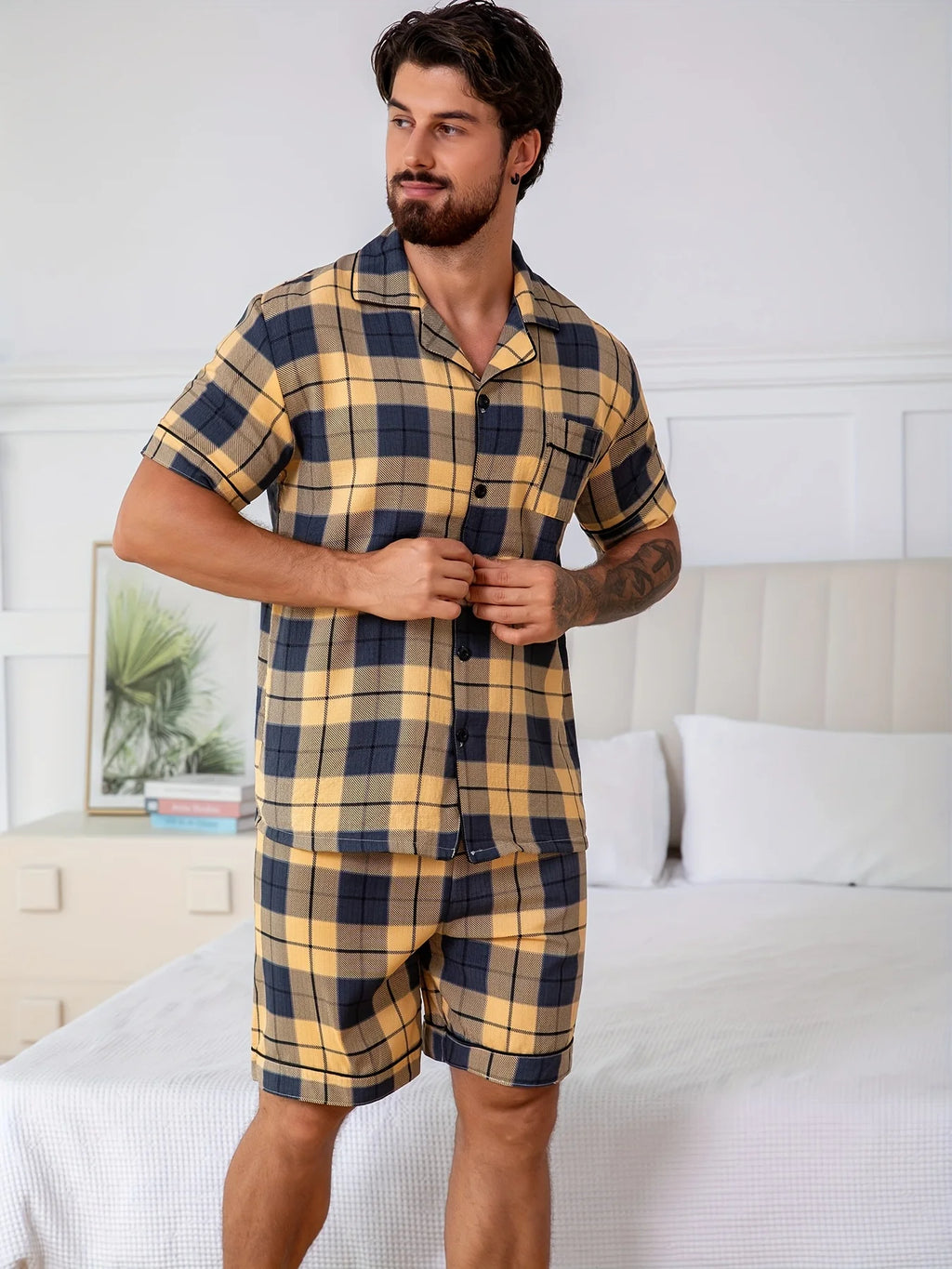 Herren Kurzarm-Pyjama-Set - 2-teiliges Set Kariert Lässige Sommer-Freizeitkleidung mit Tasche V-Ausschnitt Leichte und dünne Herren-Pyjamas