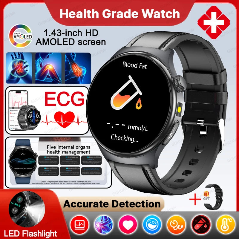Neue genaue EKG-Smartwatch, Blutfettwerte, Fünf-Organe-Gesundheitscheck, Körpertemperatur, BT-Anruf, Sport-Smartwatches für Herren 2026