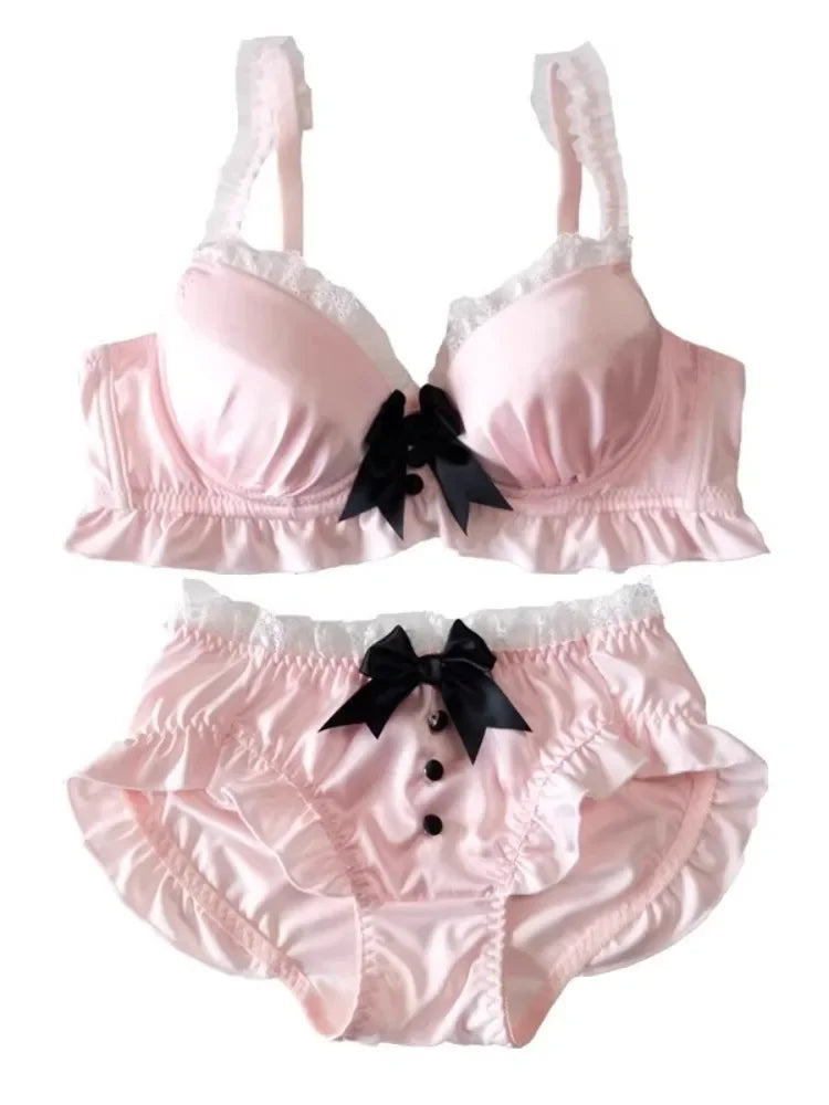 YUQI Kawaii Japanisches Lolita Dessous-Set - Süßer Schleifen-BH-Bezug & Höschen für kleine Brüste, Reiner Sexy Teenager-Mädchen-Charme XS-S Cup BH
