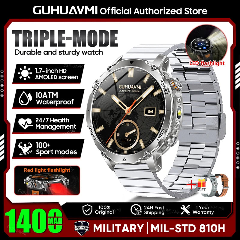 2026 Neue TANK Ultra 1400mAh Akku Militär Smartwatch 10ATM Wasserdicht Herzfrequenz Taktische LED Taschenlampe Herren Sportarmband