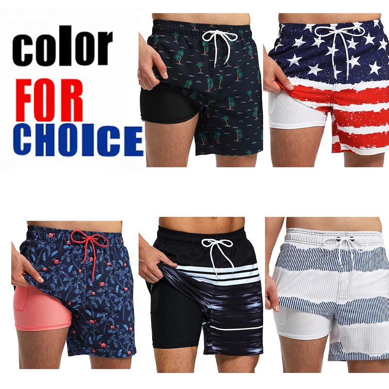 ESCATCH 2026 Neu eingetroffene Herren-Badeshorts mit Kompressionsfutter, 2-in-1-Druck, schnelltrocknend, Fitnessstudio, Sport, Herrenshorts mit Reißverschlusstaschen