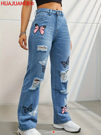 Schmetterlingsdruck Jeanshosen Damen Löcher Jeans Straight Fit Hose Hohe Taille Loose Fit Vintage 2026 Casual Distressed Denims