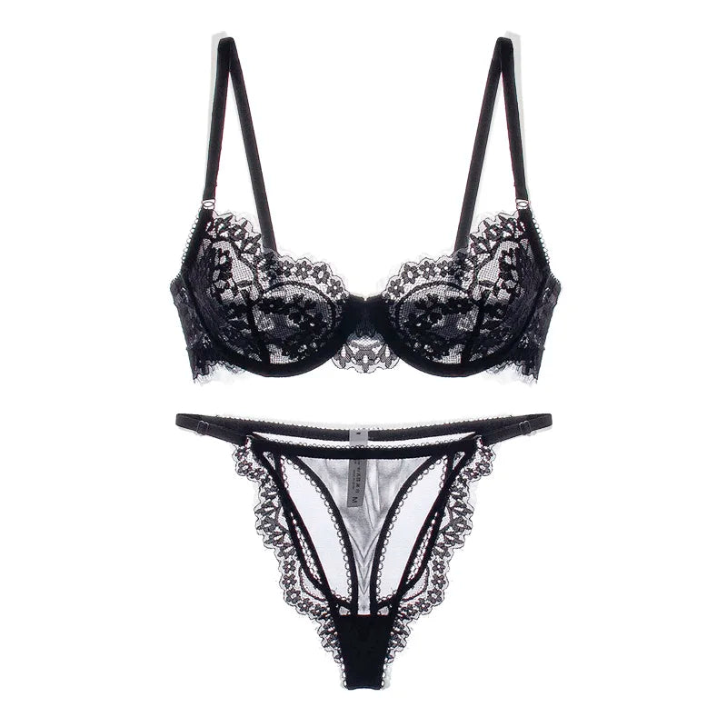 Sexy dünne Spitzen-Dessous-Slips Sets Damen große Größen BHs mit Stahlring durchsichtiges Unterwäsche-Set BH-Set