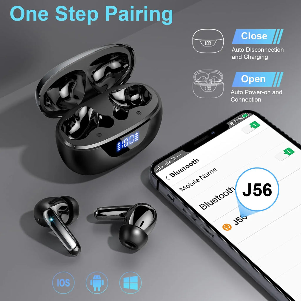 Kabellose Kopfhörer, Bluetooth 5.3 Stereo-Ohrhörer In-Ear mit 4 ENC Mikrofon für klare Anrufe, Geräuschunterdrückende Ohrstöpsel, 48 Stunden Akkulaufzeit.