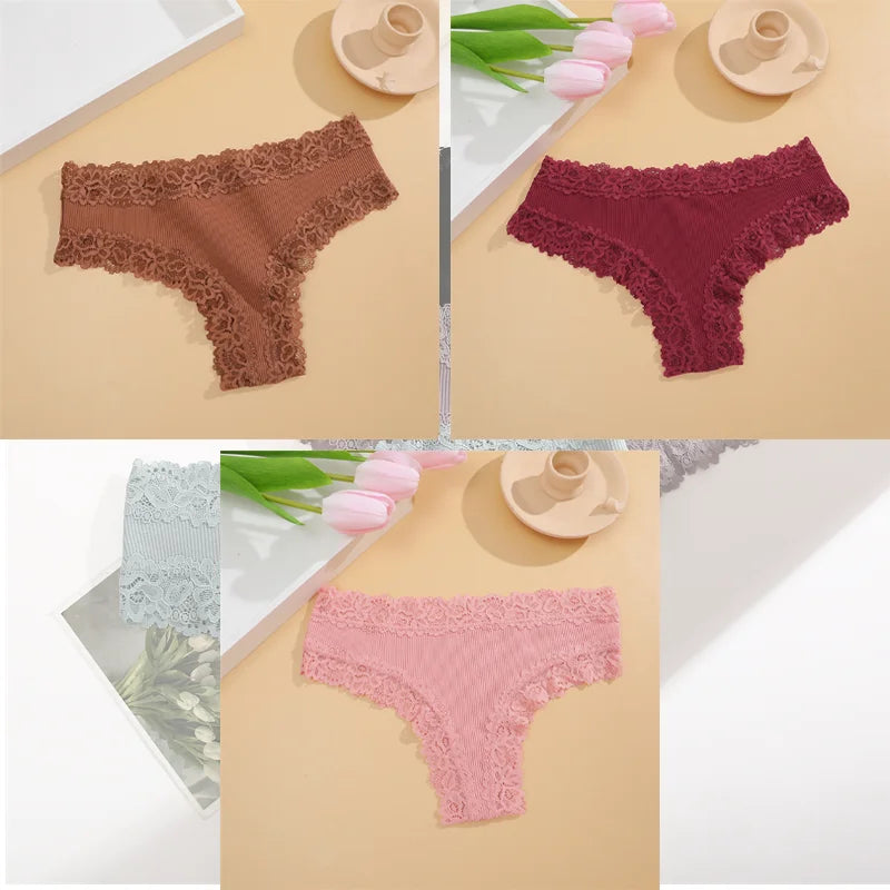 FINETOO 3er-Pack Damen Baumwollunterwäsche Slips Sexy Spitze Brasilianischer Slip Niedrige Taille Blumenmuster Einfarbig G-String Atmungsaktive Dessous
