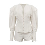 FANTOYE Sexy Deep V-Neck Long Sleeve Shoulder Pads Women 2 Piece Sets Beige Single Breasted Tops Short Pants Winter Lady Outfits