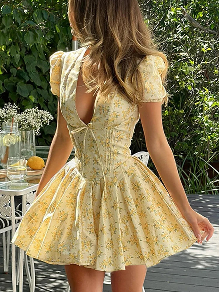 Vintage Gelbes Plissiertes Minikleid mit Blumenmuster für Damen, Sommer, Puffärmel, V-Ausschnitt, Party, Strandkleider, Elegant, Chic, Y2K, Vestidos Zweitbild