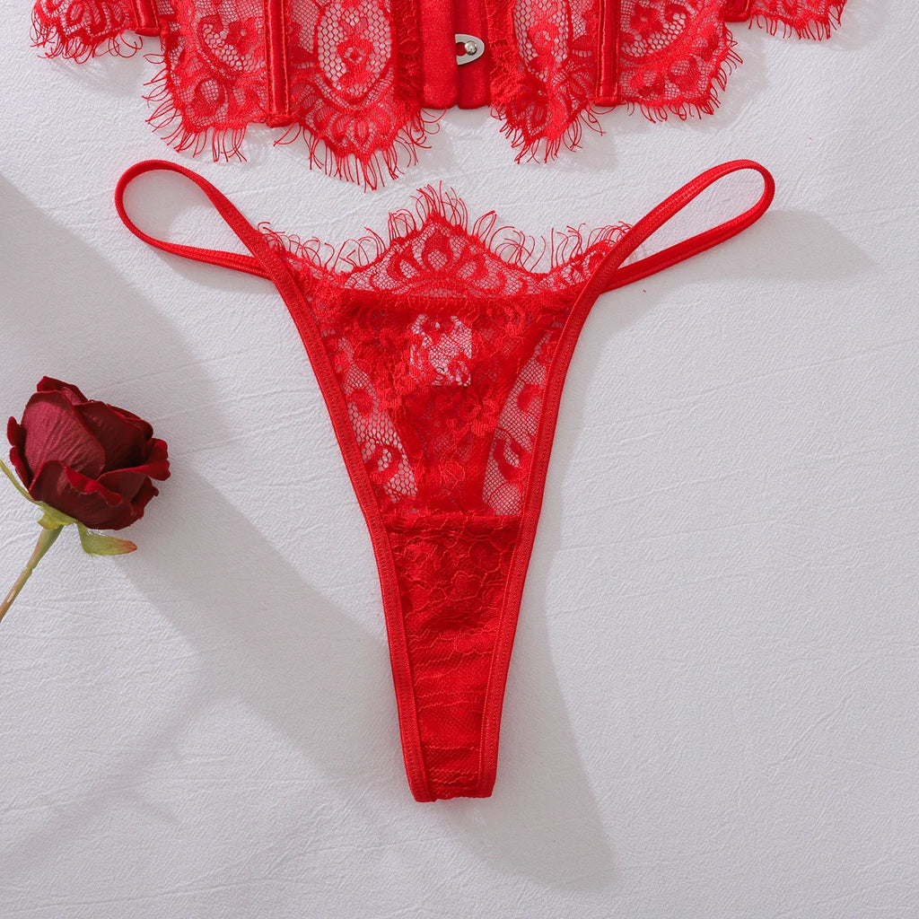 Ellolace Palace Damen Dessous Sets Weidenkorsett String 2-teiliges Set Sexy Heiß Trägerlos Spitze Ausgefallener tiefer V-Ausschnitt Damen Unterwäsche