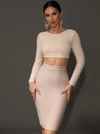 Sexy O-Ausschnitt Langarm Mesh Perlen Beige Schwarz Celebrity Midi Damen Bandagen-Set 2024 Designer Abendparty Damen-Set