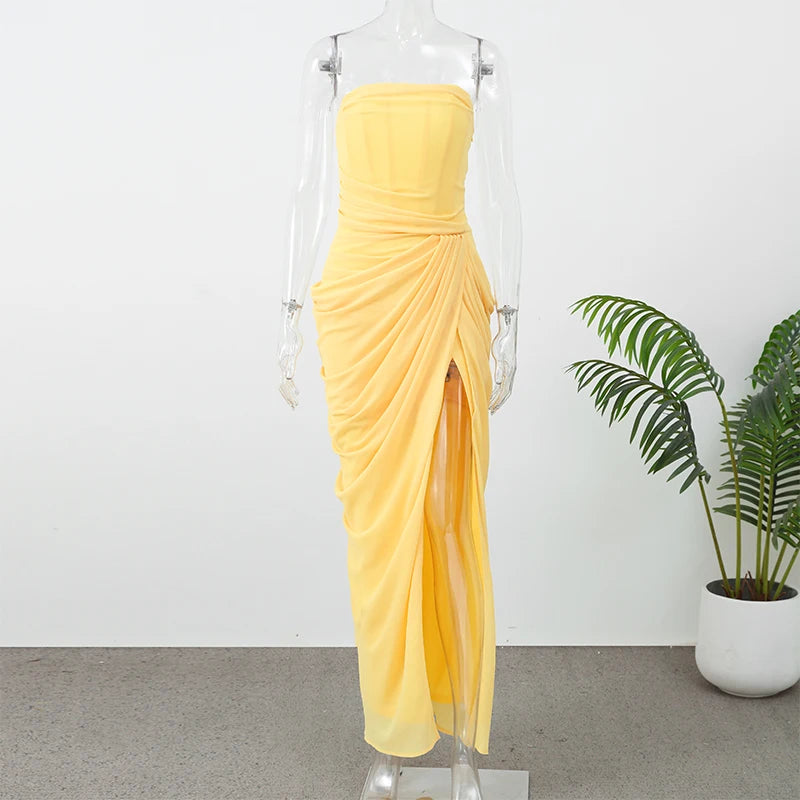 Damen einfarbiges plissiertes, sexy trägerloses Kleid, elegantes schulterfreies, rückenfreies Kleid mit hoher Taille und Schlitz 2026, neues Abendparty-Kleid