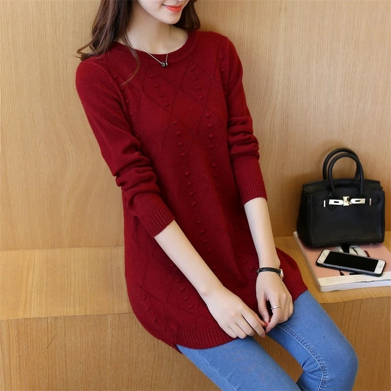 Strickpullover Herbst Winter Oberteile Rundhals Langarm Pullover Legere Warme Damenpullover Midi Lang Schmaler Pullover Mädchen