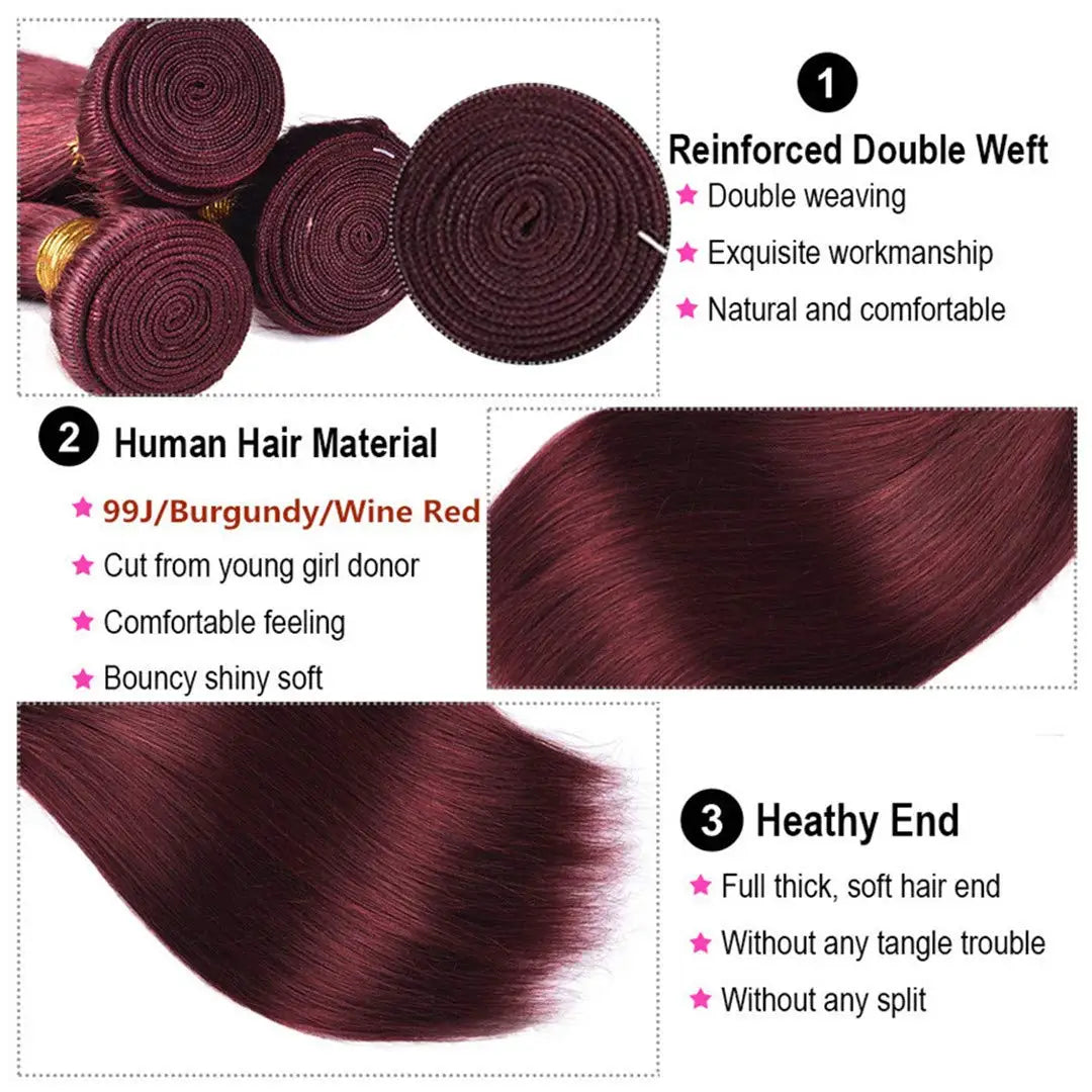 Weinrot #99J Remy Echthaar Weave 16-28 Zoll lang, seidig glatt, unbehandeltes reines brasilianisches Haar, Haartressen-Extensions für Frauen