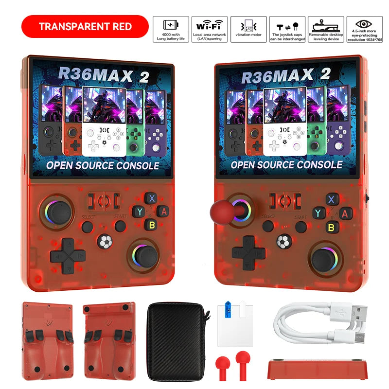 2026 Aktualisierte R36MAX2 Retro-Handheld-Spielkonsole 4,5 Zoll HD-Bildschirm 1024*768 Open Source Tragbarer Taschen-Videospiel-Player