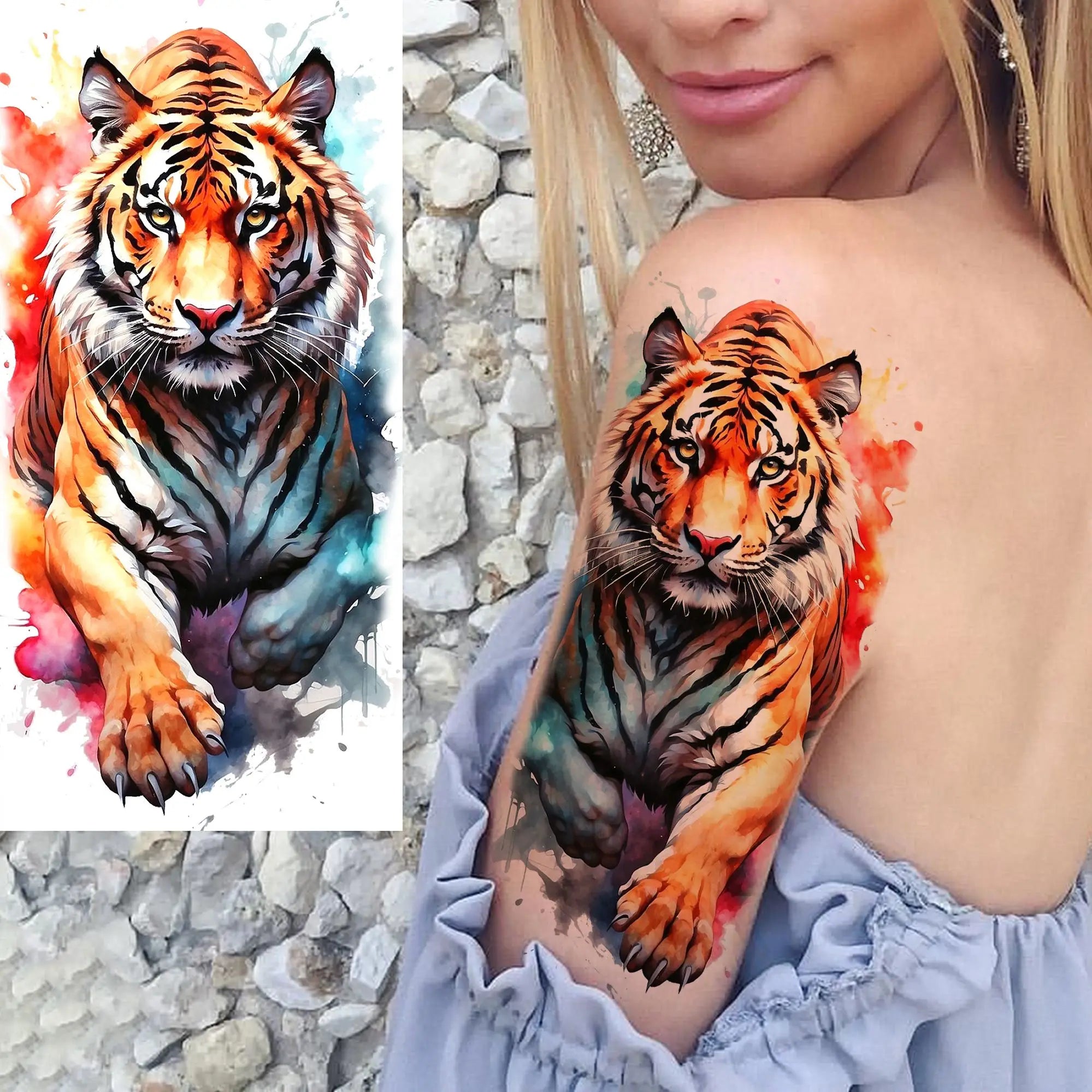 1 Blatt einzigartige Aquarell-Löwe-Tiger-Tier-Temporäre Tattoos langanhaltend wasserdicht Fuchs Eule gefälschter Tattoo-Aufkleber Körperkunst Tattoo