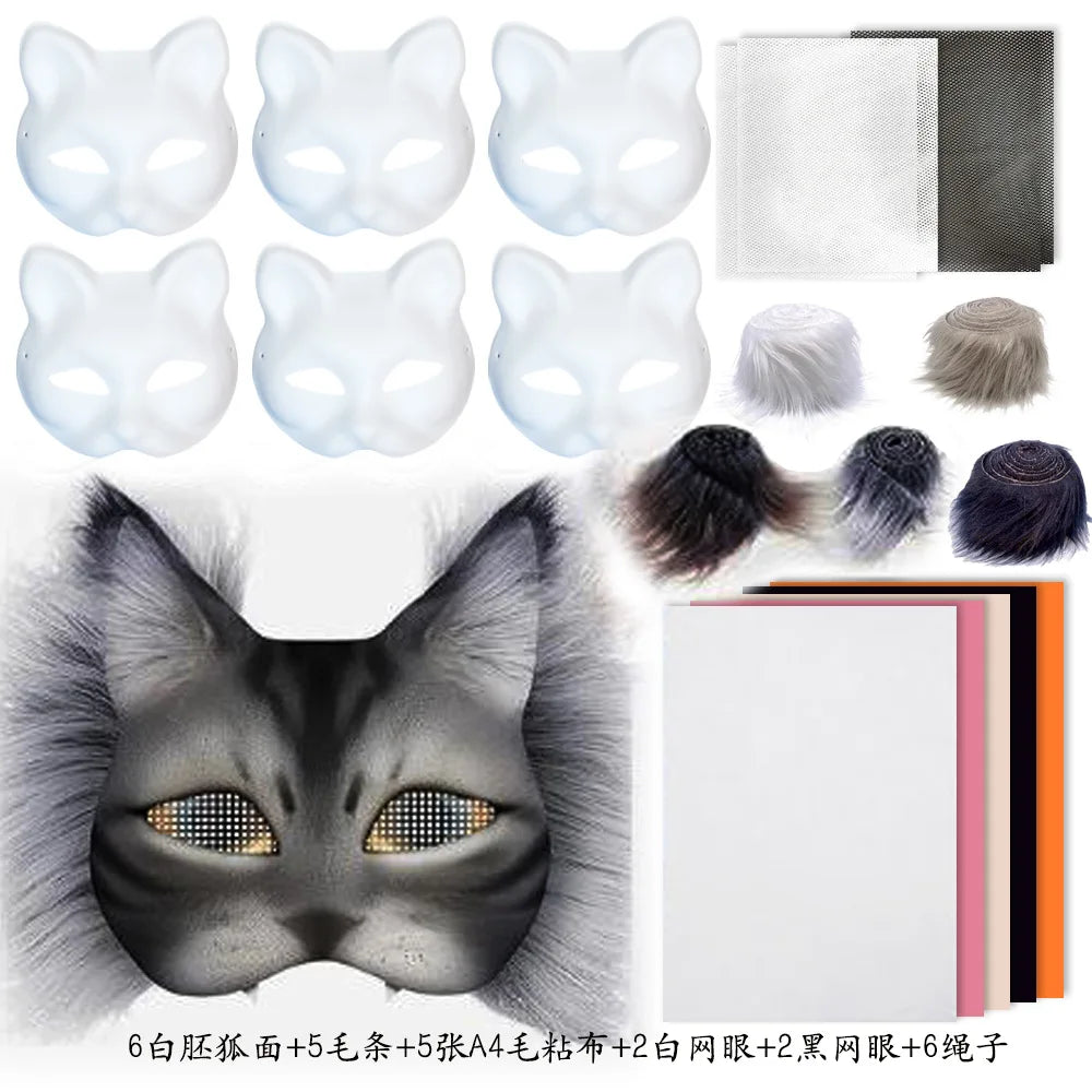 Grenzüberschreitender heiß begehrter Neuer grauhaariger stummer weißer Kater-Set Plüsch klebrige PVC handbemalte DIY Maske