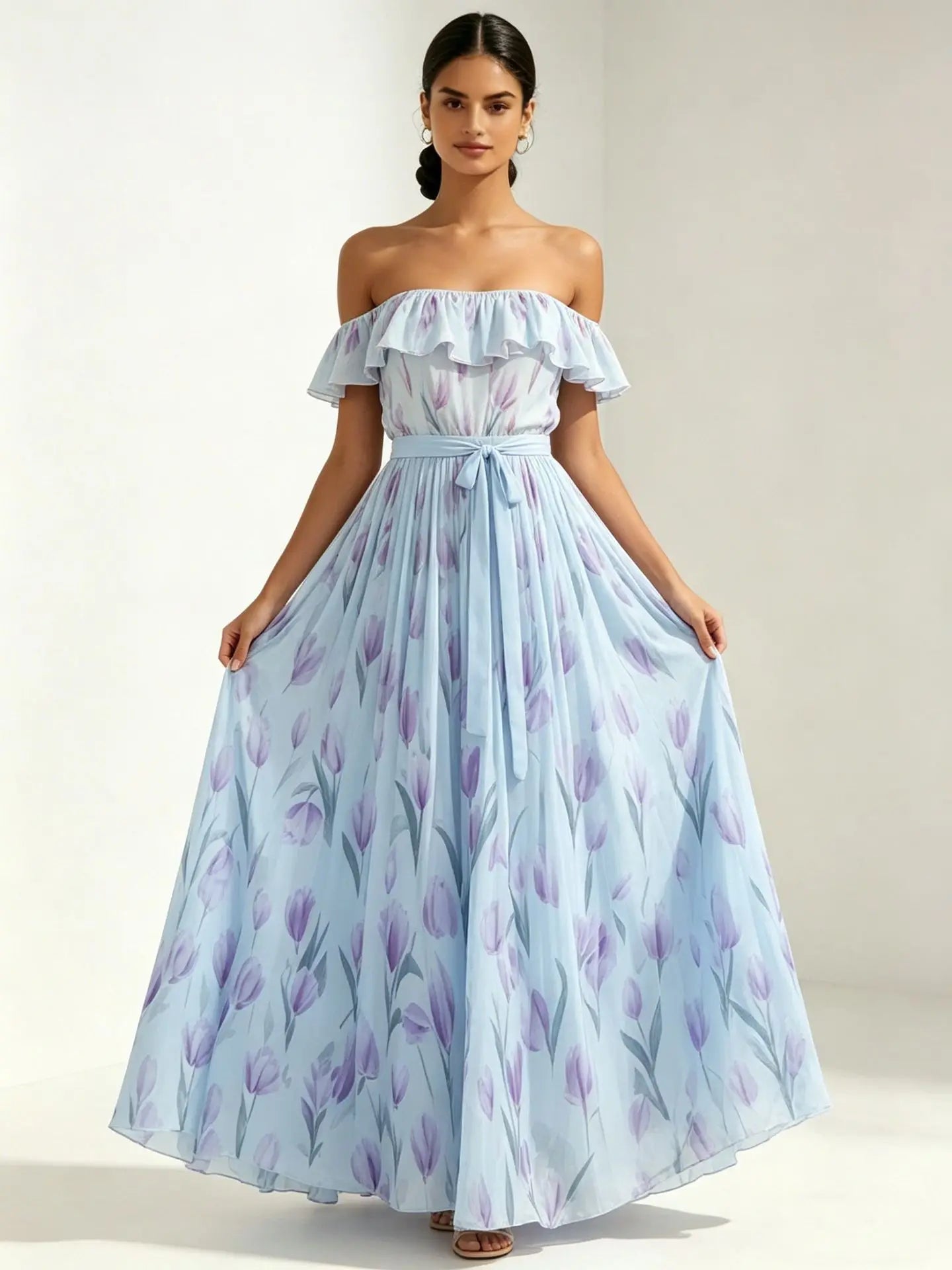 2026 Sommer schulterfreies Kleid mit Tulpenprint in großen Größen, schlankmachend, mit eckigem Ausschnitt und Maxilänge