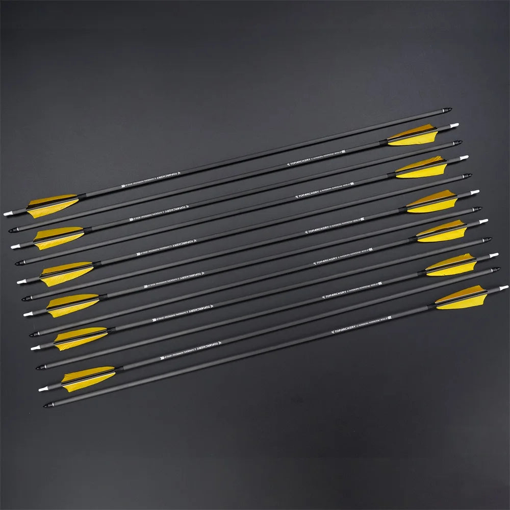 Toparchery 6/12/24 Stück 33 Zoll Bogenschießen reine Carbonpfeile ID6,2 mm Spine 400 mit 4 Zoll Naturfedern für Outdoor-Schießen Jagd