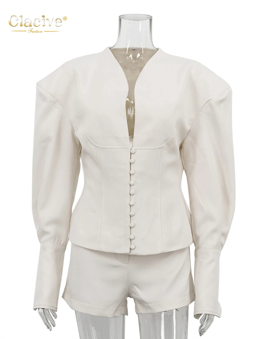 Clacive Fashion Locker Zweiteiler für Damen, Beige, 2025, sexy Langarmshirt mit High-Waist-Shorts, Set, weibliche Streetwear
