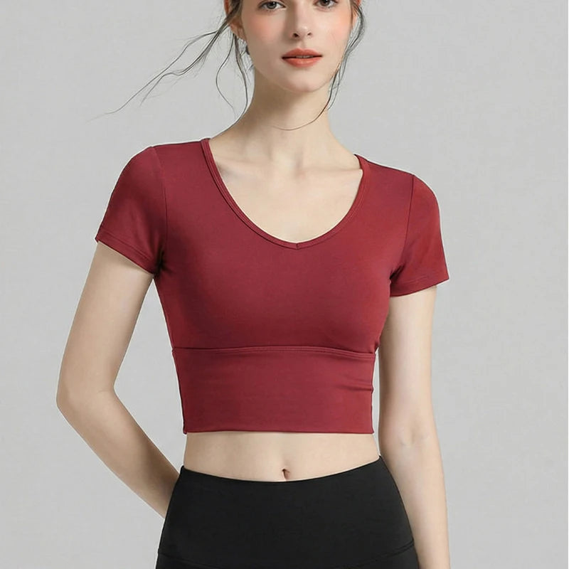 Damen Pilates Training Fitness Brustpolster Yoga Top Schnelltrocknend Atmungsaktives Sport-Kurzarmshirt Hochwertiges Yoga-Shirt