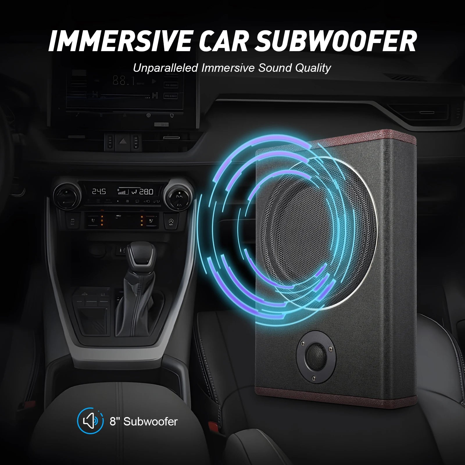 8 Inch Ultra Slim Car Subwoofer Under Seat 12V 600W Car Active Subwoofer Compact Car Bass Audio Car Stereo Amplifier Speaker