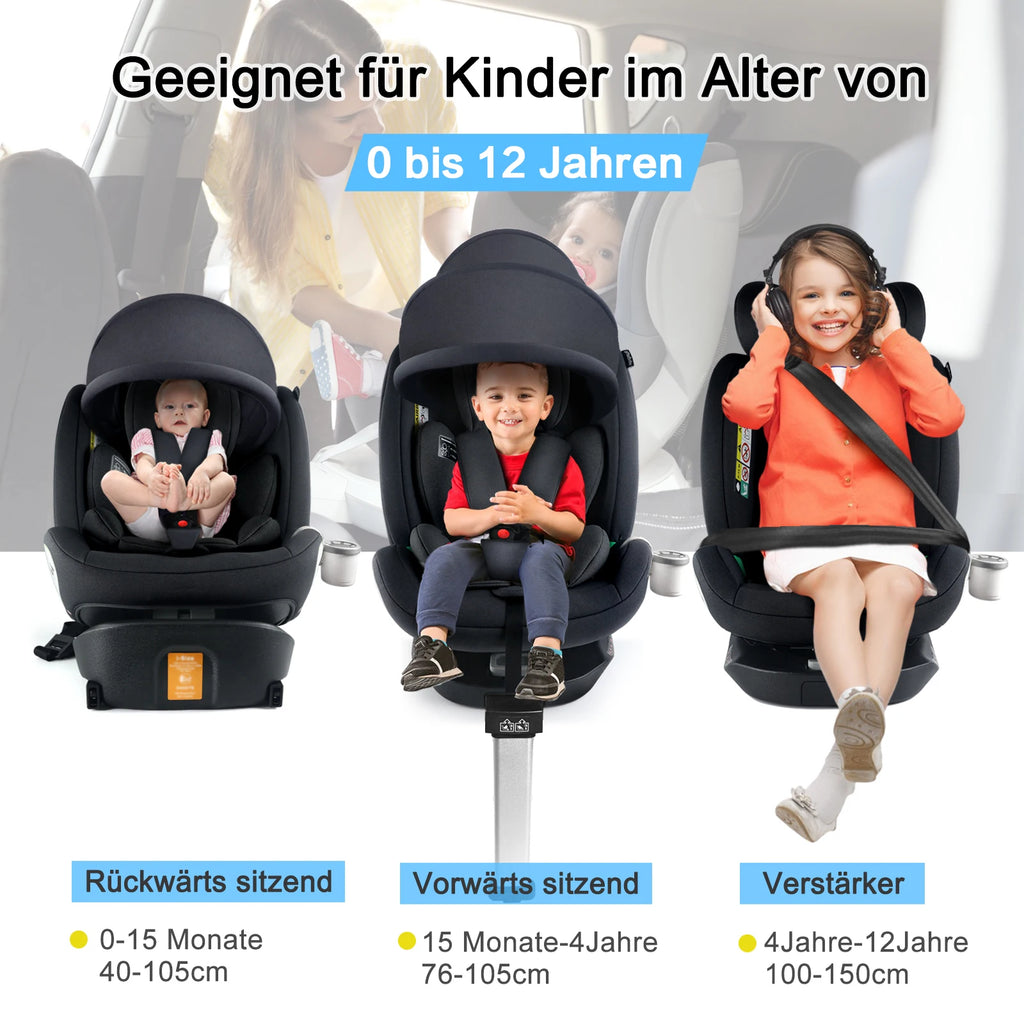 Kindersitze mit 360°-Drehfunktion ISOFIX für Babys, 5-Punkt-Gurt, 0-12 Jahre, geeignet für Neugeborene