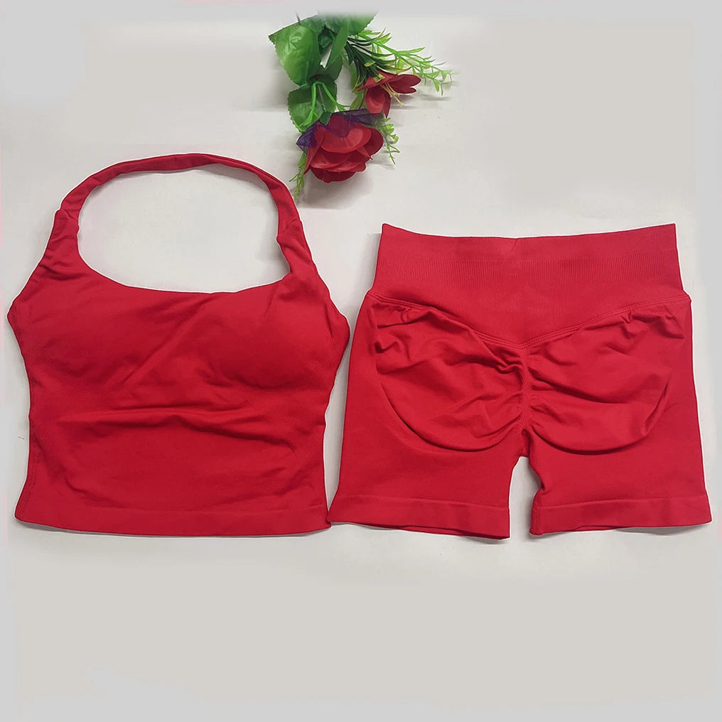 Yoga Outfits Damen 2-teiliges Sport-Set DFNNYE Impact Halfter Neck Neckholder Rückenfrei Oberteil Nahtlose Scrunch Shorts Fitness-Workout-Sportanzug