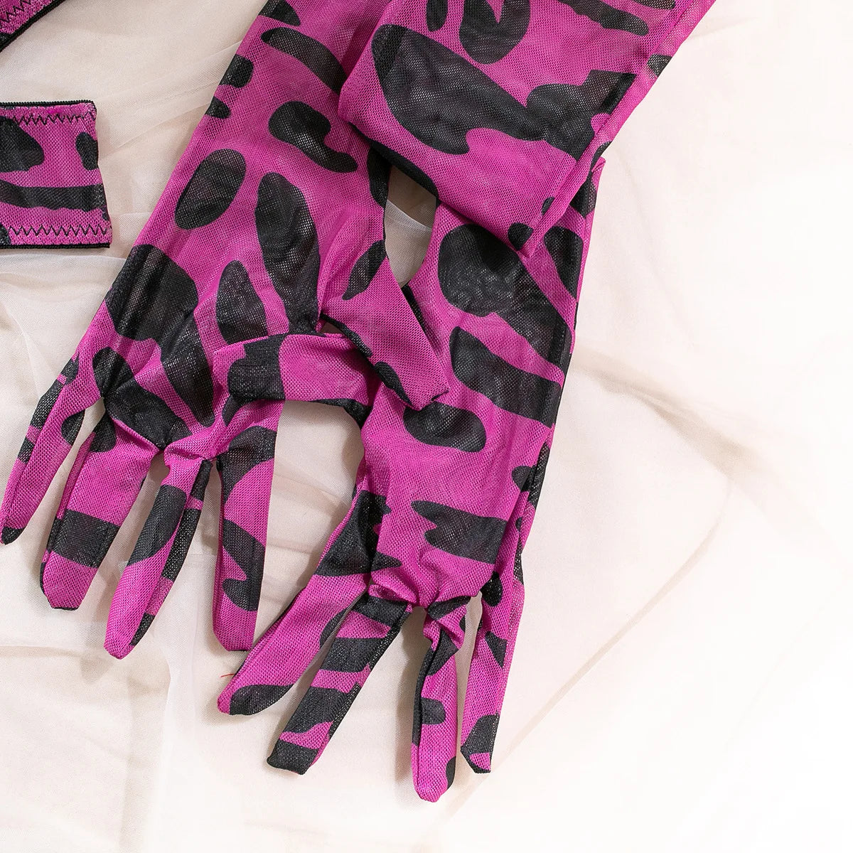 Sexy rosa Leoparden-BH-Handschuhe Beinsocken Dessous-Set Damen Perspektive Bequemes Mesh Exotische Kleidung Unterwäsche Anzug