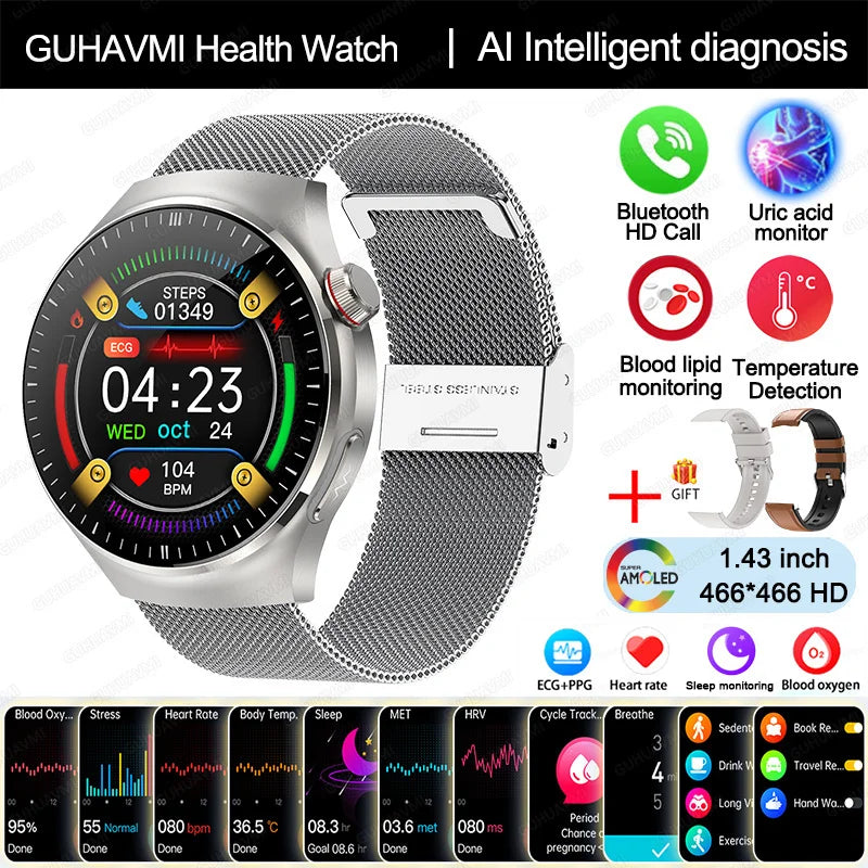 2025 Neue Smartwatch für die Krankenpflege: Blutsauerstoff, Blutfett, Harnsäure, EKG+PPG, Körpertemperatur, Bluetooth-Anruf, Gesundheits-Smartwatch