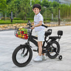 14" Kinderfahrrad Verstellbares Kinderfahrrad Belastbarkeit 60kg mit Stützrädern+Korb+Rückenlehne Rücksitz für 3-7 Jahre (Weiß/Schwarz)