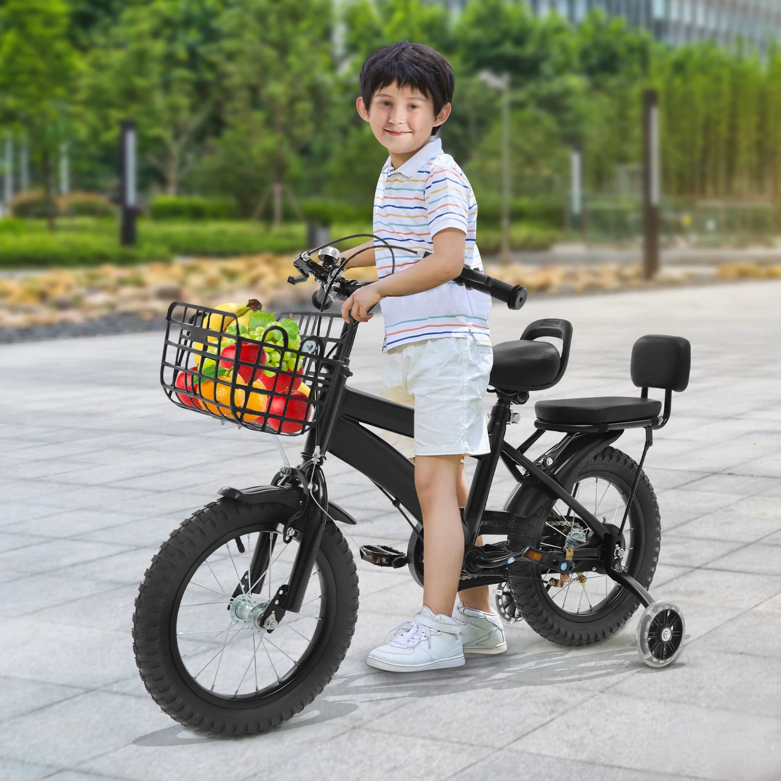 14" Kinderfahrrad Verstellbares Kinderfahrrad Belastbarkeit 60kg mit Stützrädern+Korb+Rückenlehne Rücksitz für 3-7 Jahre (Weiß/Schwarz)