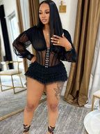 Beyprern Sexy Schwarzer Mesh Korsett Jumpsuit Damen Gothic Rüschen Layered Rompers Langarm Transparenter Bodysuit Nachtclub Party Outfits