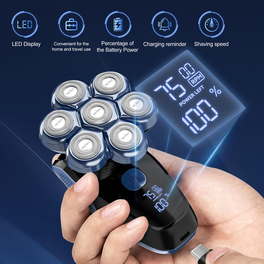 Sejoy 6-in-1 7D Kopfrasierer für Glatzen Elektrorasierer mit Nasenhaartrimmer Wasserdichtes Multifunktionales Herrenpflege-Set