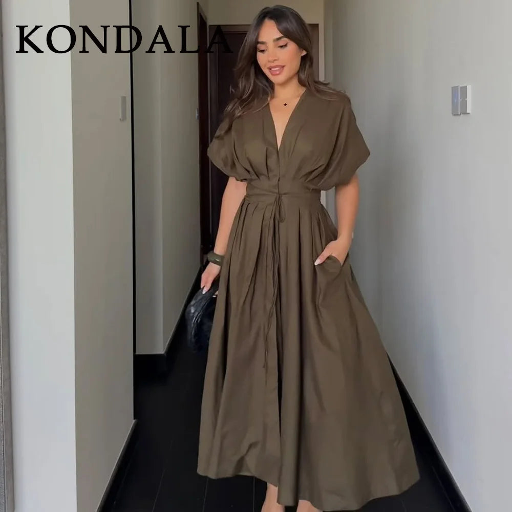 KONDALA 2026 Frühling Sommer Vintage Damenkleid Mode Einreihig Schärpen Drapierter V-Ausschnitt Ärmellos Schicke Braune Damenkleider