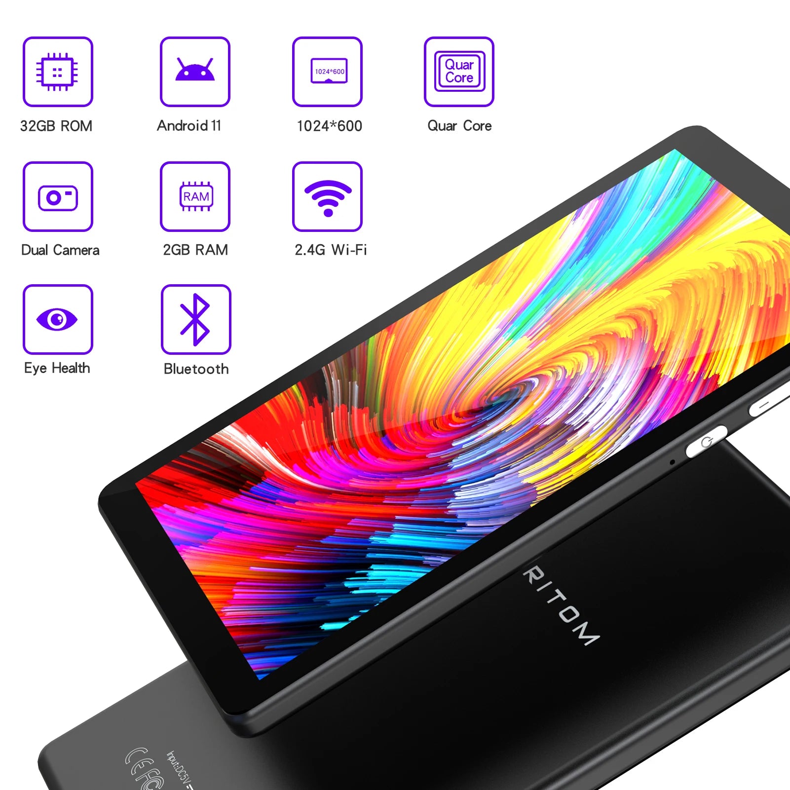 PRITOM 7 Zoll Tablet PC 32 GB Android 11 mit Quad-Core-Prozessor HD-IPS-Display Dual-Kamera WiFi mit PU-Schutzhülle