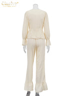 Clacive Mode Lässiges Beiges Baumwoll-2-Teiler-Set Damen Elegantes Langarmshirt mit High-Waist Weite Hose Set Damenbekleidung