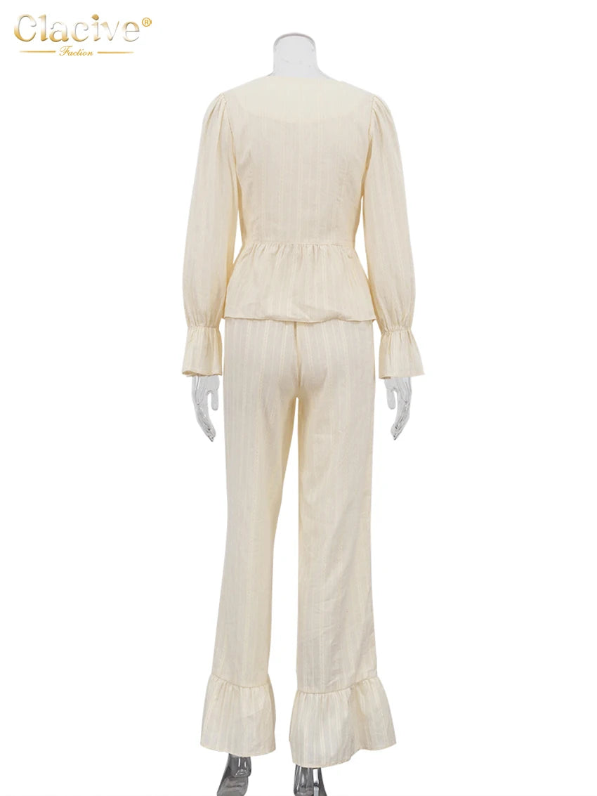 Clacive Mode Lässiges Beiges Baumwoll-2-Teiler-Set Damen Elegantes Langarmshirt mit High-Waist Weite Hose Set Damenbekleidung