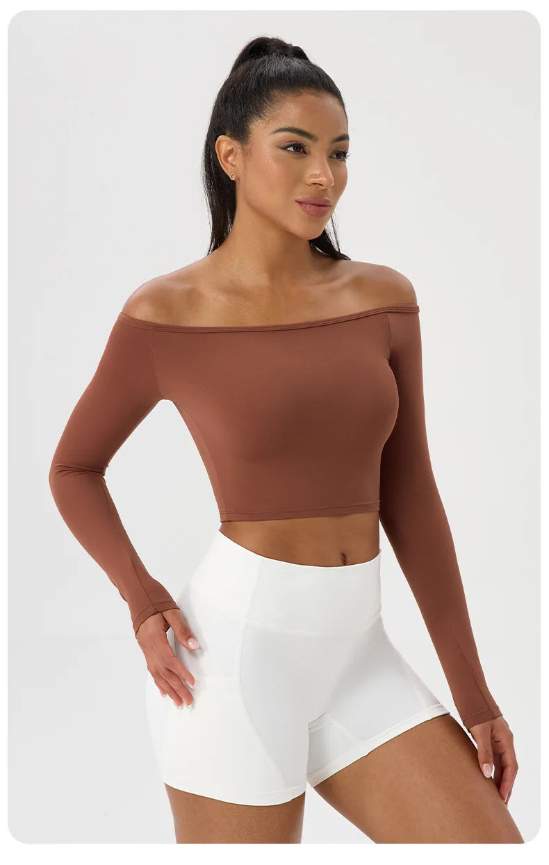 Yoga Langarm T-Shirt Damen Ein-Schulter Sexy Eng Anliegende Fitness-Oberteile Nude-Feel Schnelltrocknendes Sport Langarm Yoga Shirts