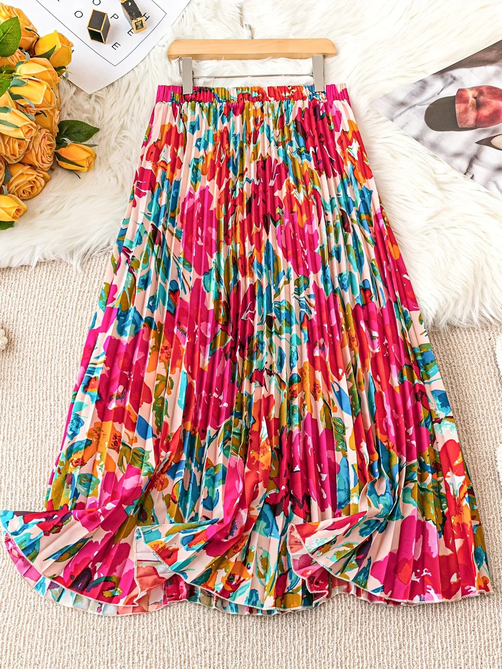 Frühling Sommer Damen Eleganter Blumenprint Langer Rock Freizeit Hochtailliert Party Schmaler A-Linien Faltenrock