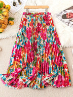 Frühling Sommer Damen Eleganter Blumenprint Langer Rock Freizeit Hochtailliert Party Schmaler A-Linien Faltenrock