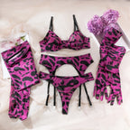 Sexy rosa Leoparden-BH-Handschuhe Beinsocken Dessous-Set Damen Perspektive Bequemes Mesh Exotische Kleidung Unterwäsche Anzug