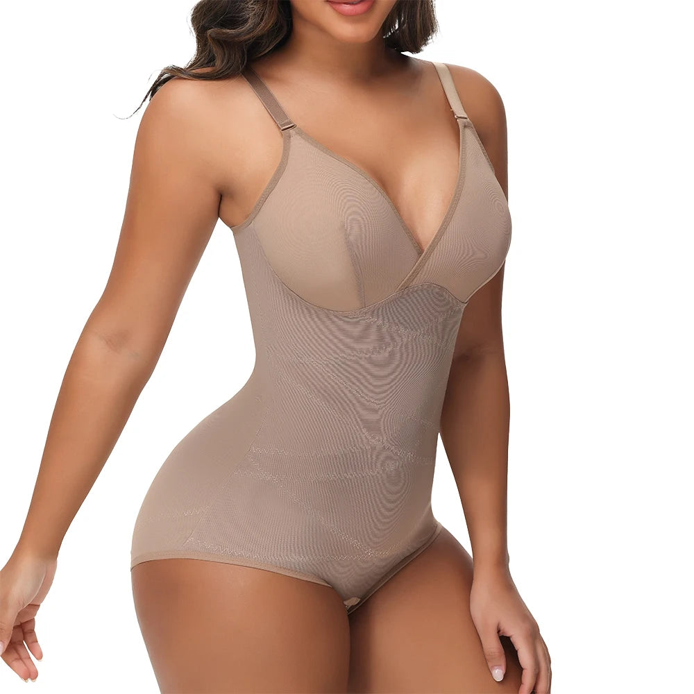 Cross Waist Tummy Control Body Shaping Bodysuit für Damen Ganzkörperkontrolle V-Ausschnitt Mesh Atmungsaktiver Slip Unterwäsche Po-Former