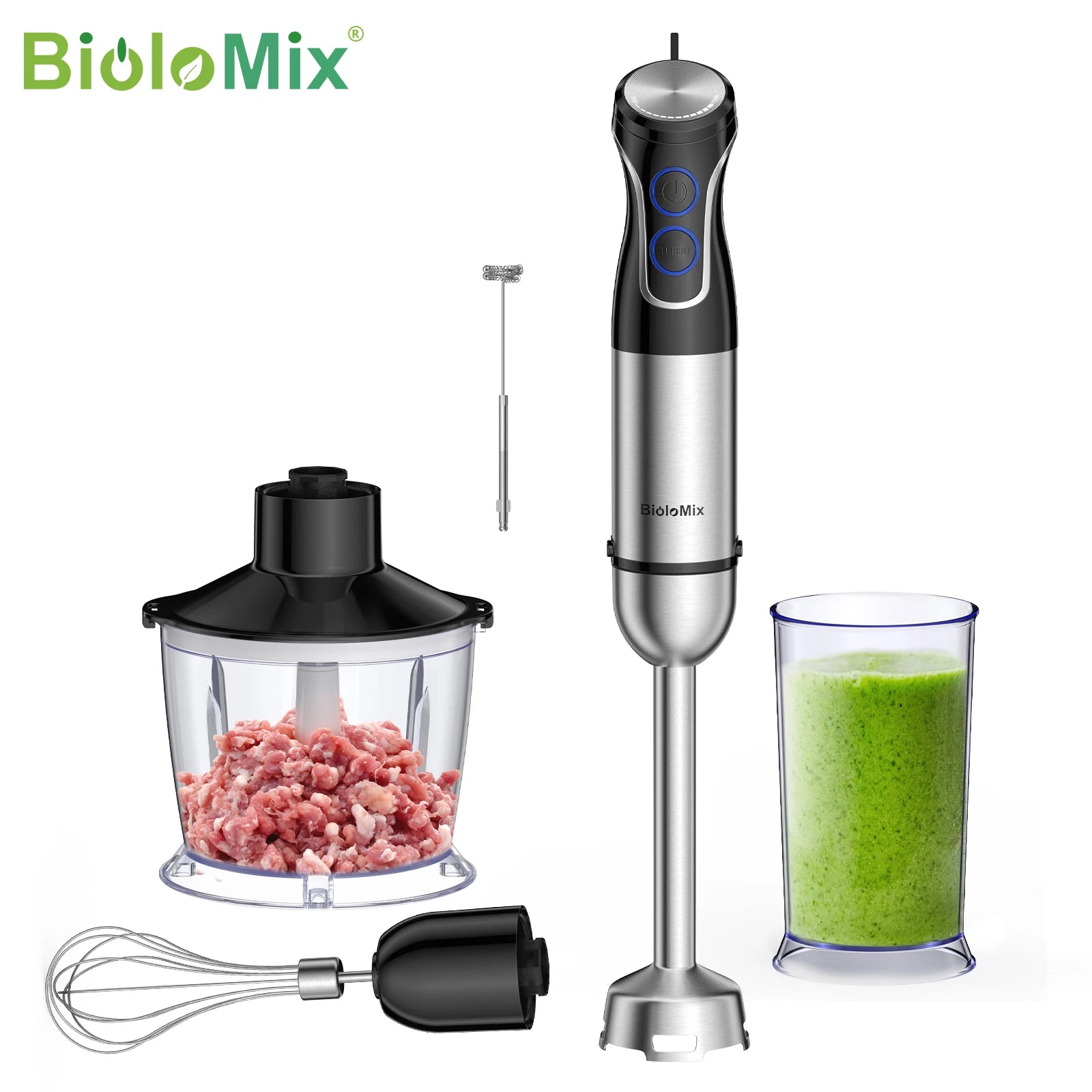 BioloMix 5-in-1 Stabmixer-Set, 1500W Mixer mit 304 Edelstahlklinge, Küchenmaschine, Smoothies, Püree, Babynahrung Hauptbild