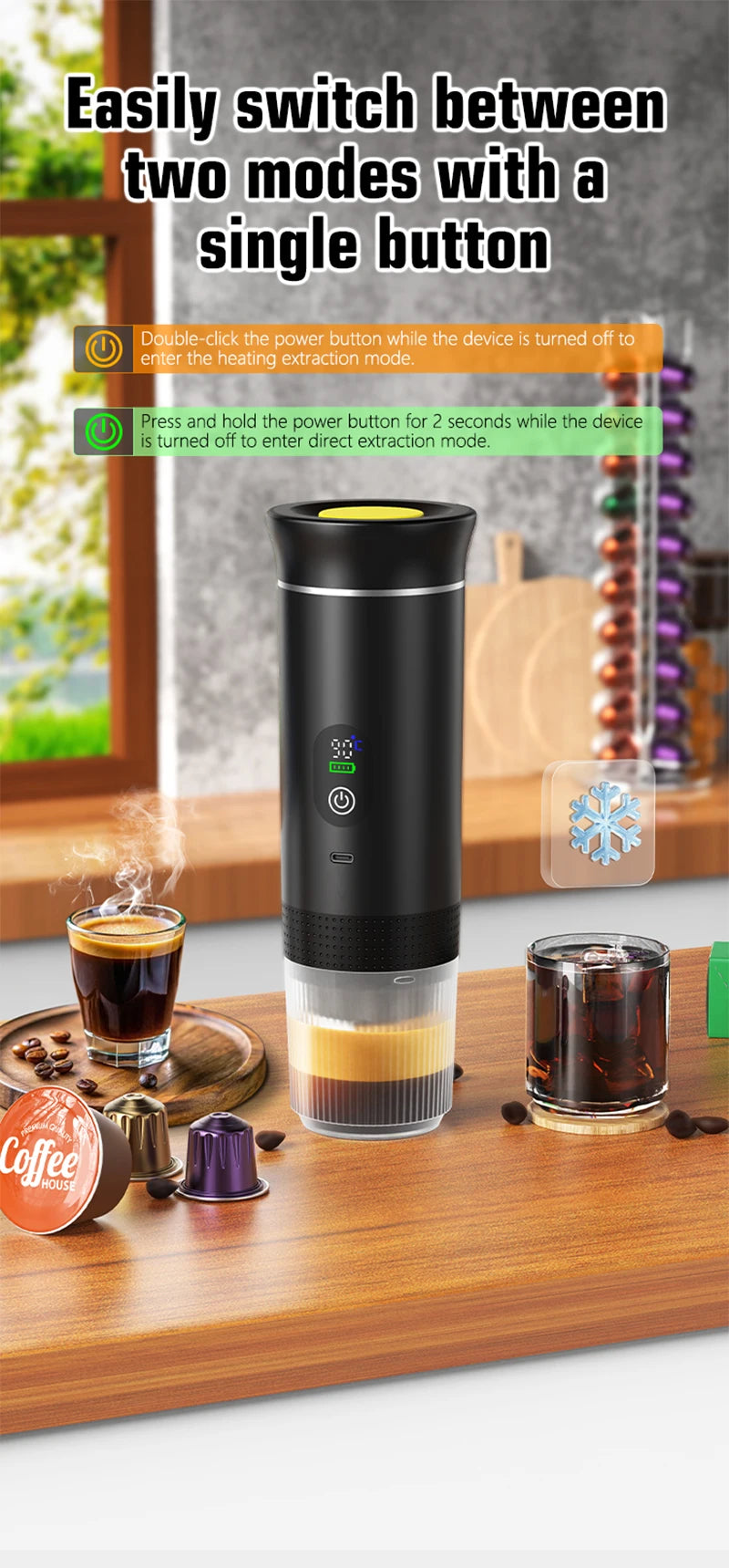DENOKIN Tragbare Espresso-Kaffeemaschine mit Digitalanzeige, 3-in-1 Kapsel-Kaffeemaschine für Auto & Zuhause, Camping-Kaffeemaschine