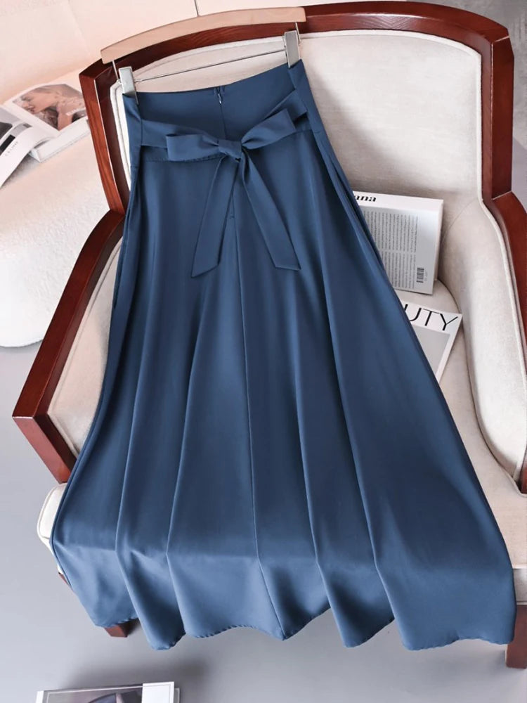 Neu eingetroffen: Kleider, einfarbige A-Linien-Röcke für Damen, Bekleidung, langer Rock mit hoher elastischer Taille für Damen mit Schleife, elegante Damenröcke