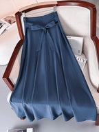Neu eingetroffen: Kleider, einfarbige A-Linien-Röcke für Damen, Bekleidung, langer Rock mit hoher elastischer Taille für Damen mit Schleife, elegante Damenröcke