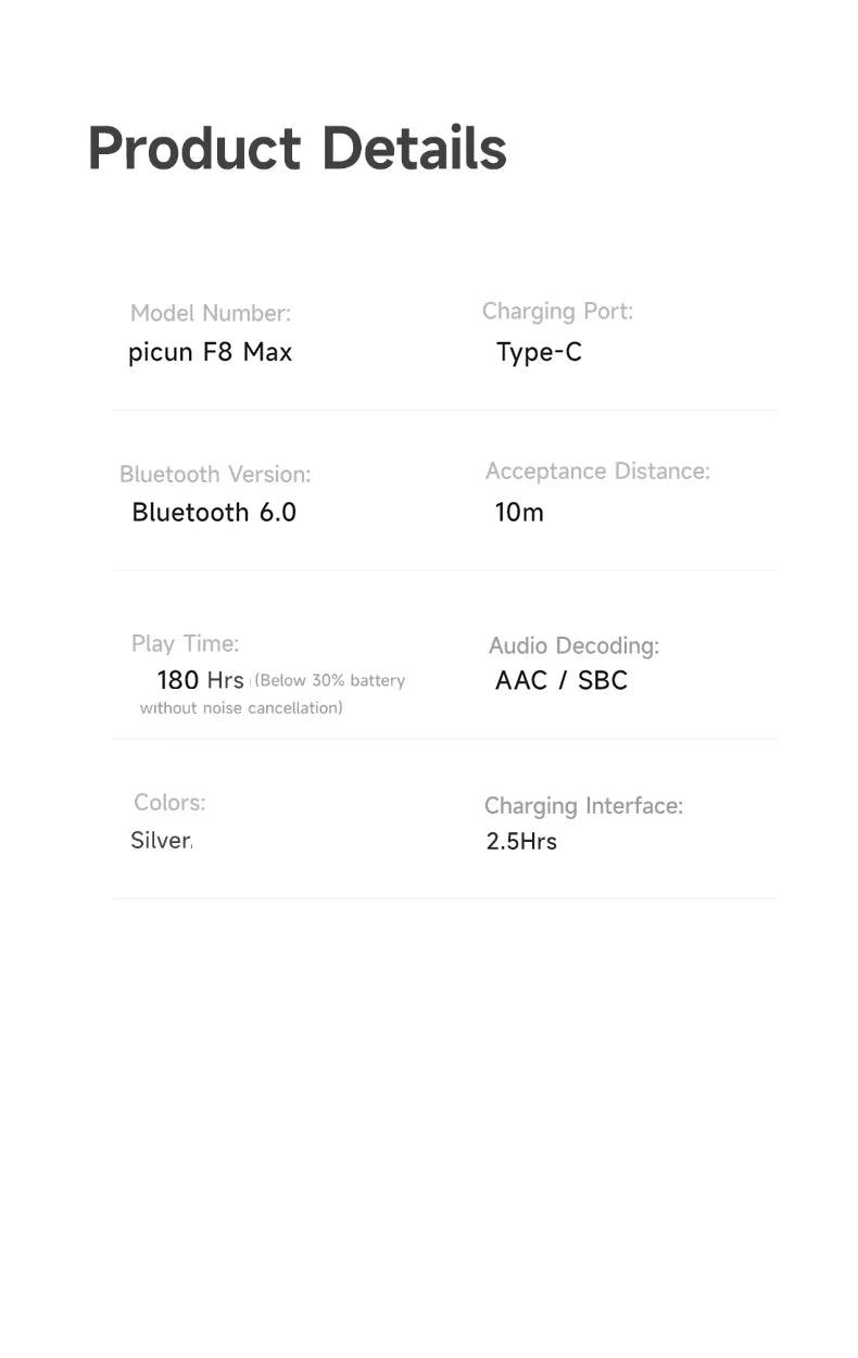 Picun F8MAX ANC Kabellose Kopfhörer 59dB Hybrid Active Noise Cancelling Spatial Audio Earphone Bluetooth 6.0 Over-Ear Headset 180H