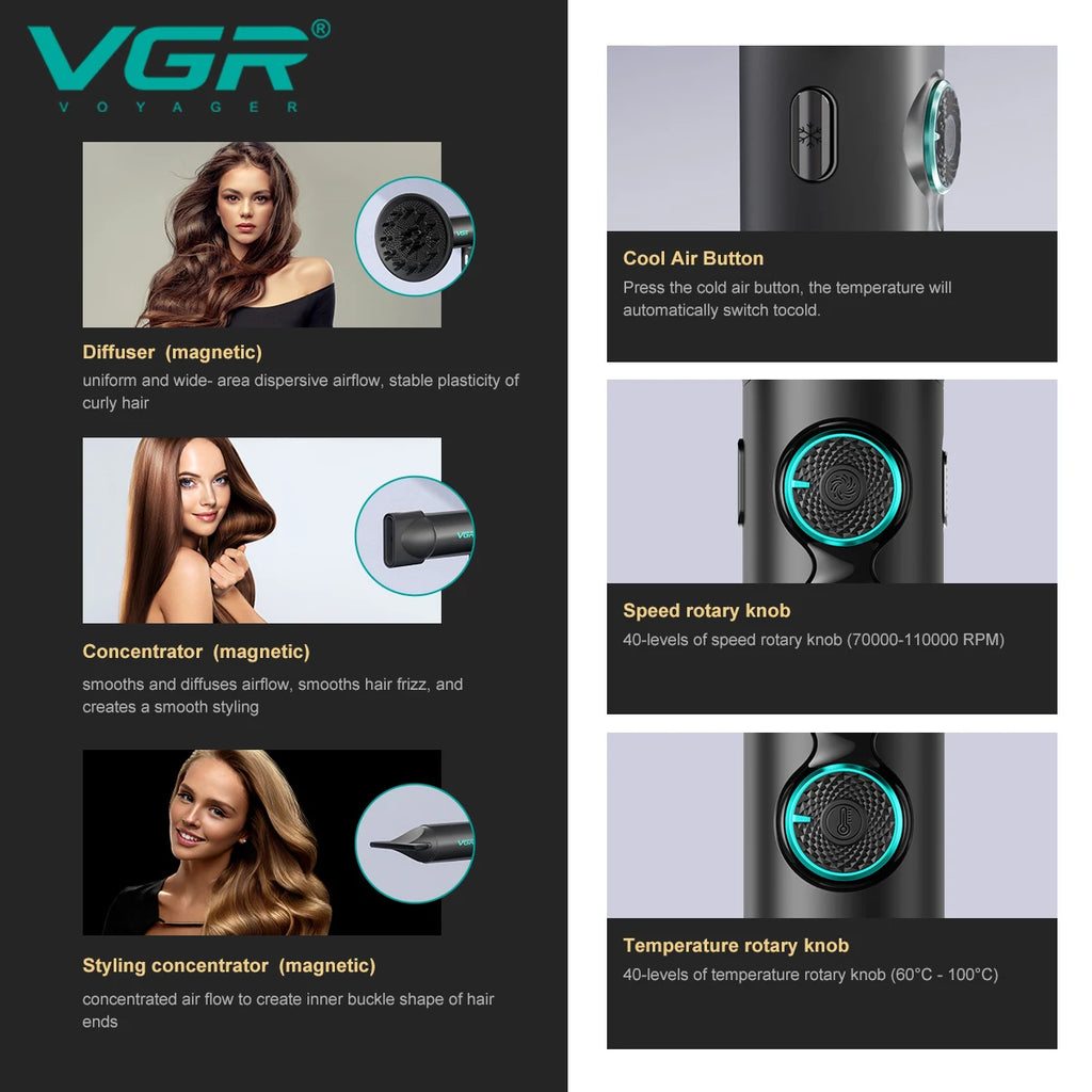 VGR Haartrockner Professioneller Haartrockner BLDC-Motor Haarstyling-Föhnmaschine 110000 U/min Negativ-Ionen Salon-Gebläse V-401