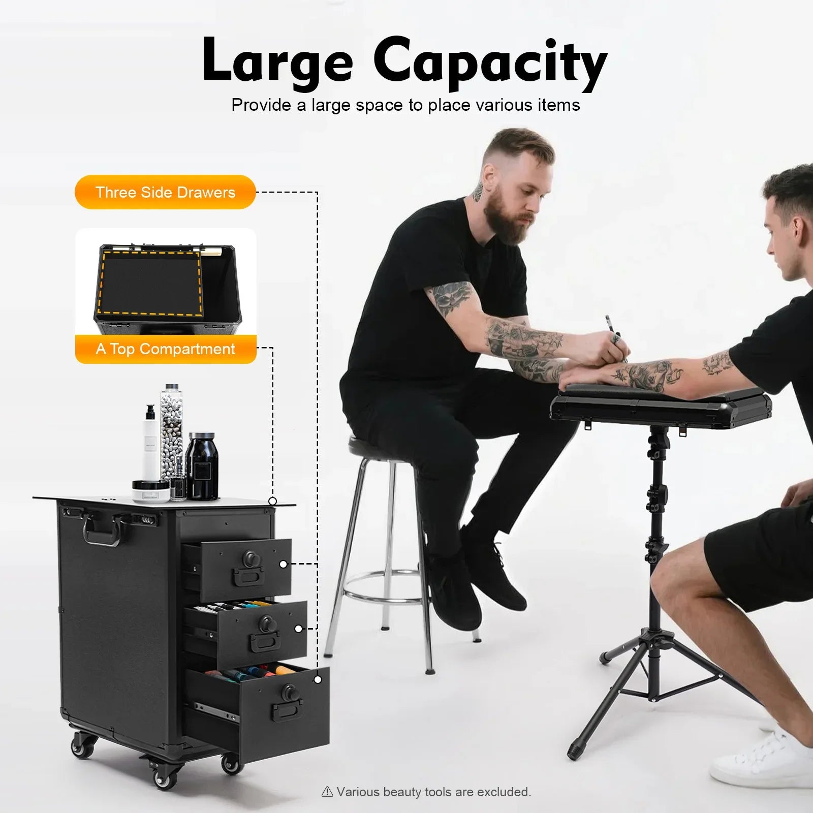 Rollender Make-up-Trolley mit Tattoo-Armlehnenständer, Beauty-Trolley mit 3 Schubladen, 4 Universalrädern und Zahlenschloss