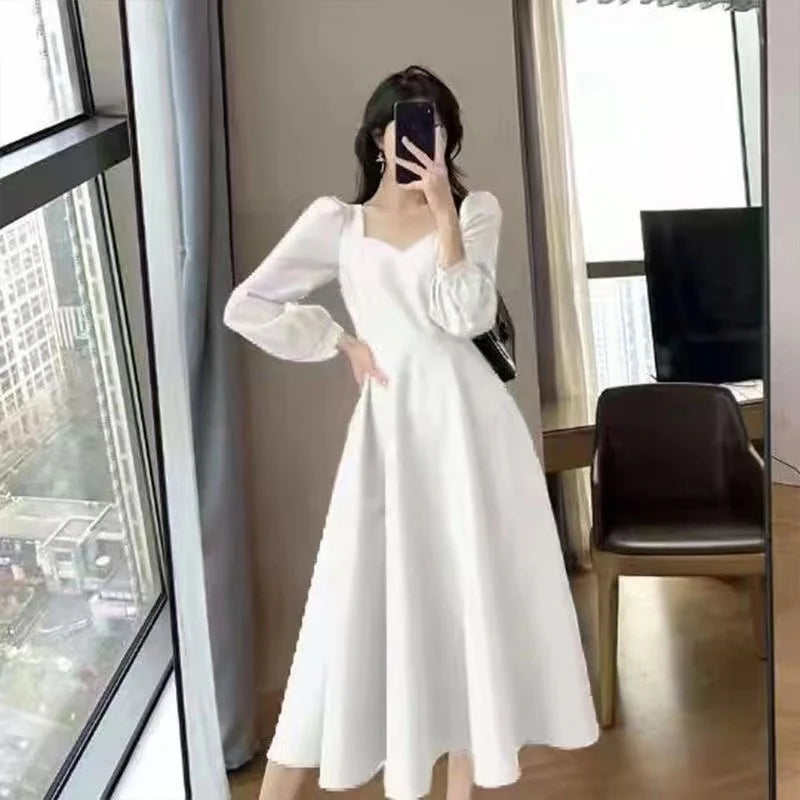 Langärmeliges Kleid mit Puffärmeln, unifarben, elegant, Damenbekleidung, Hochzeitsgast, Neujahr, Damenmode, Hohe Taille, Schmal, Abendpartykleider